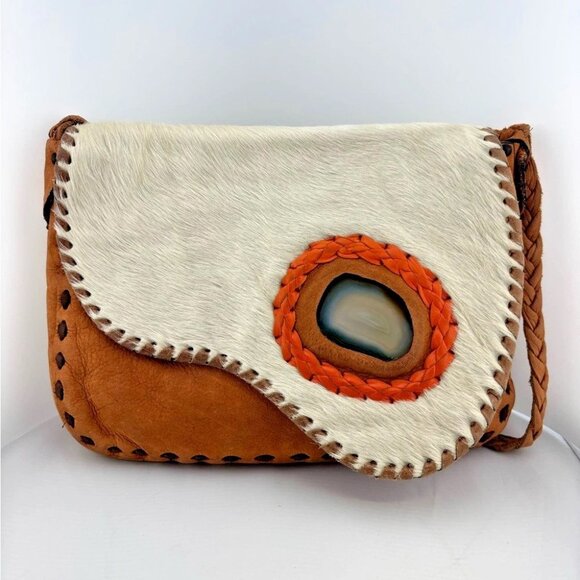 Artisan French Leather Cowhide & Agate Crossbody Bag | MAÏA Boho - Picture 1 of 10